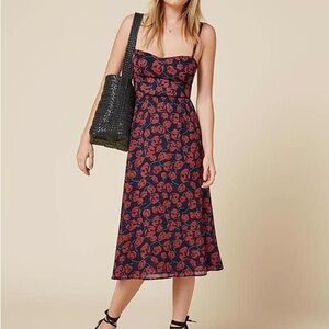 Reformation Red and Blue Floral Print Midi Dress | Silk Rose Print Dress | Sz‎ 2